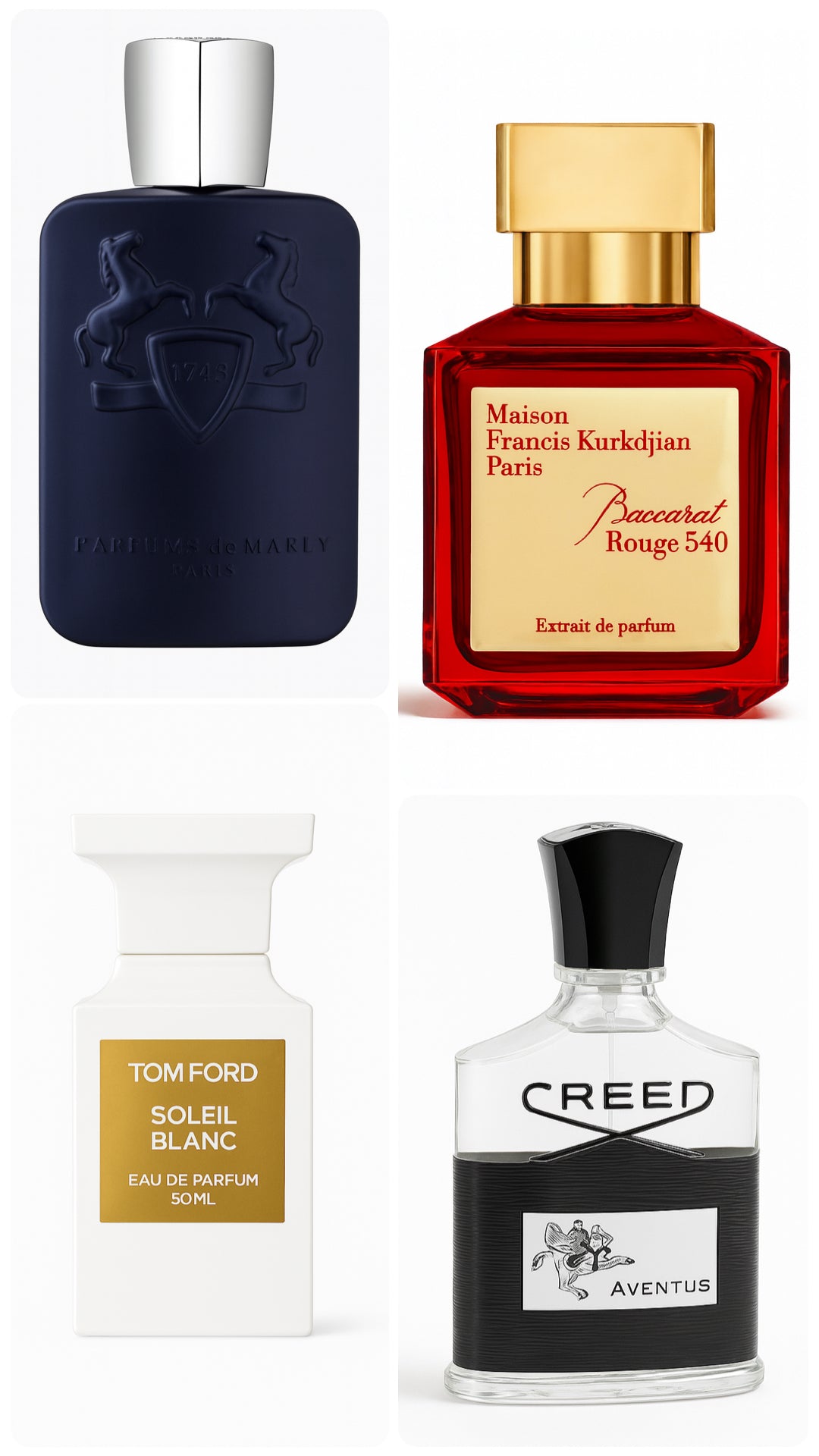 Five iconic perfume bottles neatly aligned on white surface — The Best Sellers Sampler.