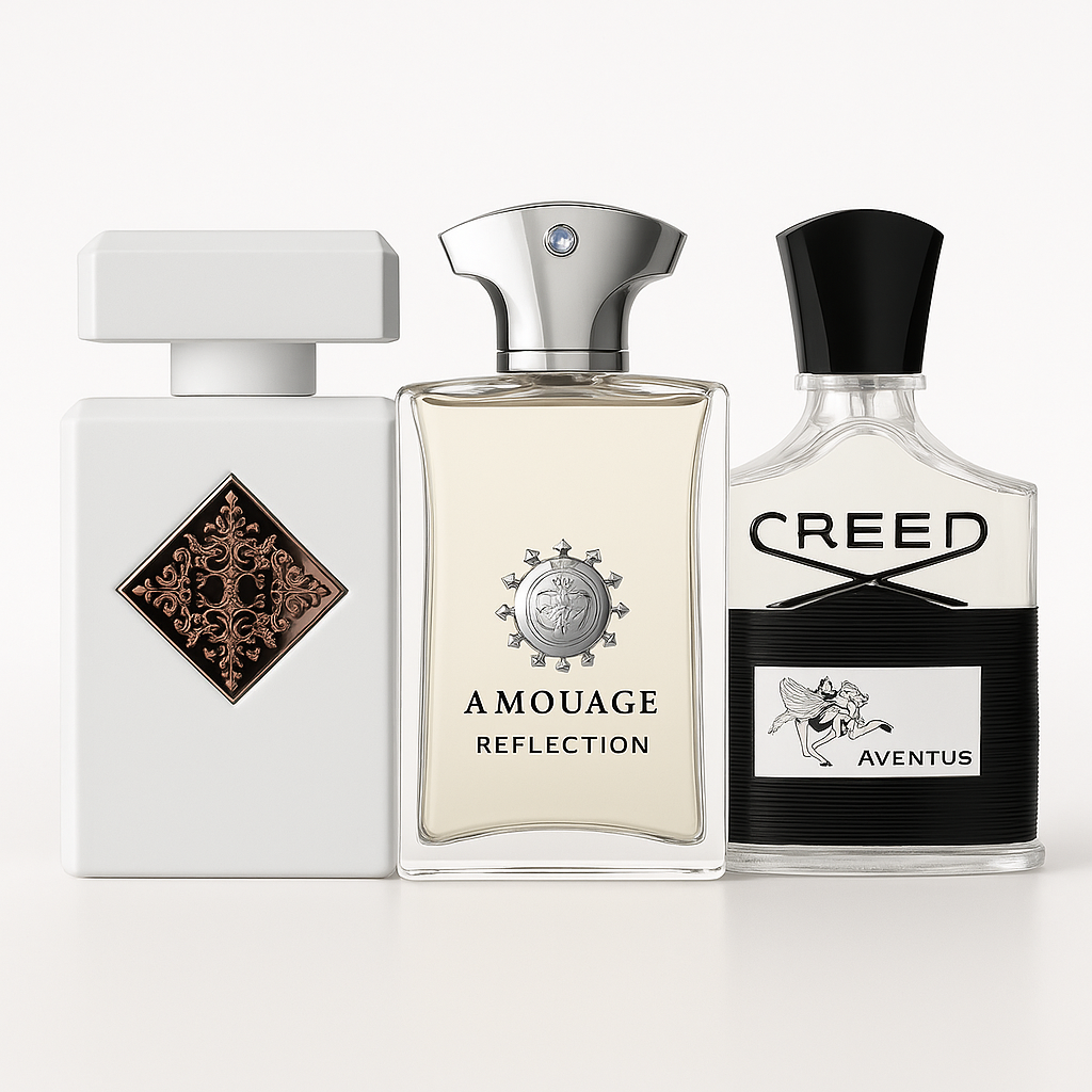 Three elegant perfume bottles on white background — Black-Tie Affair Set