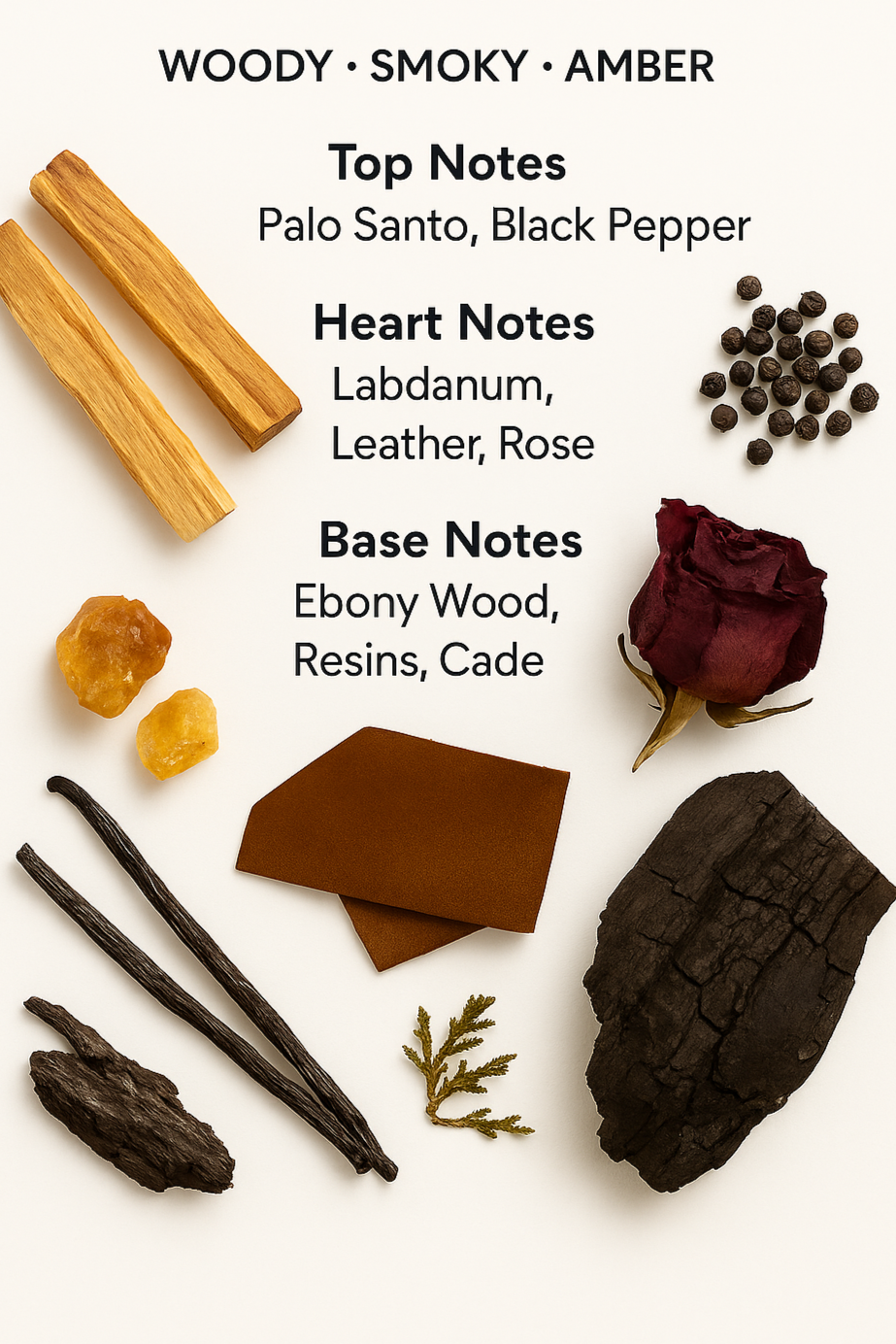 Ébène Fumé scent chart showing palo santo, incense, and resins