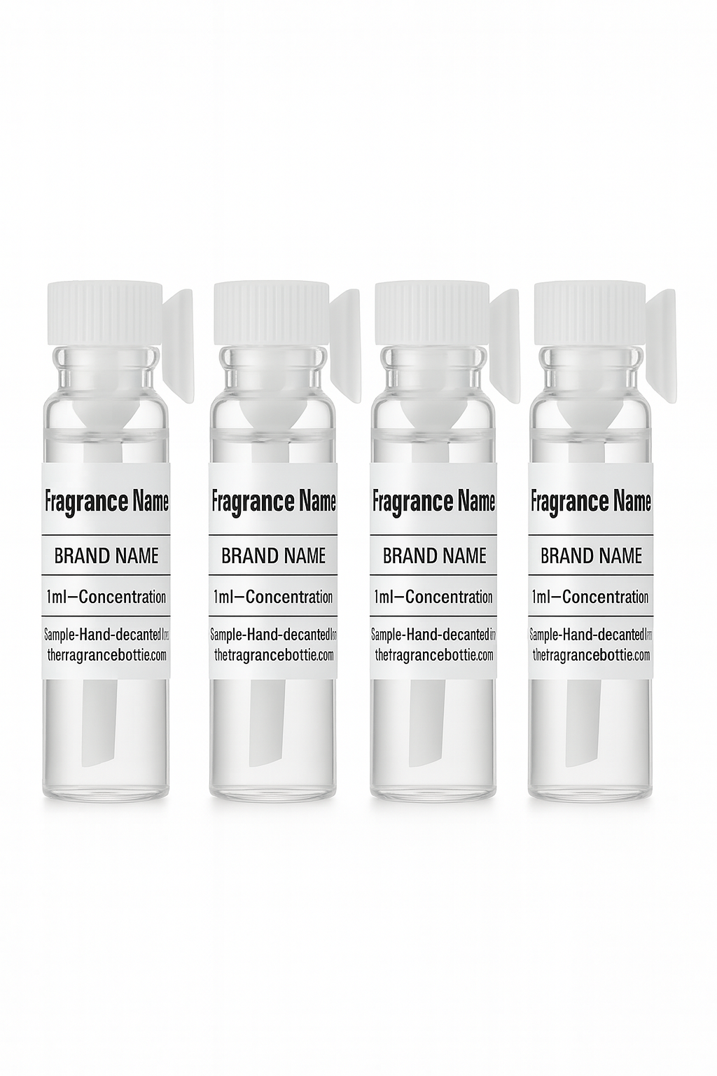 Row of labeled 1 ml glass vials with minimalist caps — Signature Workday Set samples