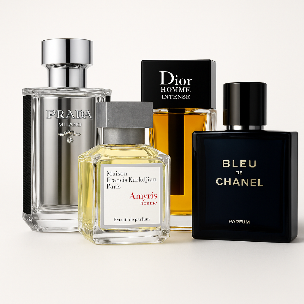 Four refined fragrance bottles on white background — The Signature Workday Set