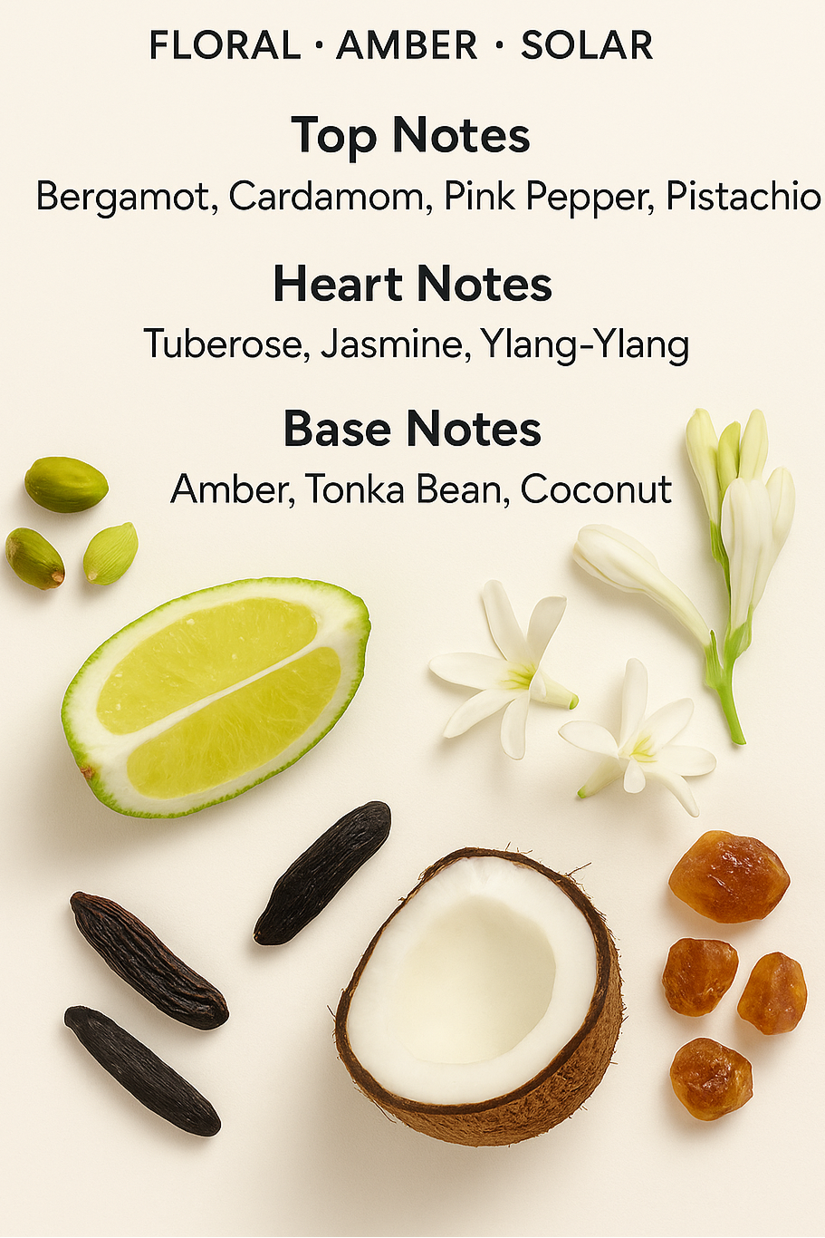 Soleil Blanc scent profile showing amber, ylang-ylang, and coconut notes